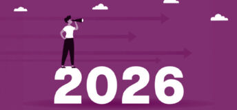 Woman looking ahead to 2026 with binoculars