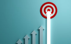 Growing up light arrow graph aiming to goal target or red dart board the business concept on green pastel color wall background with shadow 3D rendering