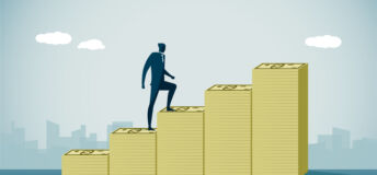 Illustration of a businessman climbing a staircase made of money