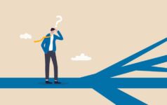 Illustration of business person confronted with multiple choices.