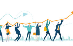 Gender equality: Five ways private funds are making progress Illustration of a group of people holding up a graph arrow