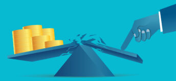 Seesaw scales break as finger tries to tip money upwards