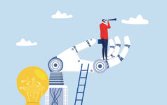 Alter Domus: GPs must be fit for the future An illustrated robot hand holds aloft a man in a red sweater looking through a telescope amid a blue sky