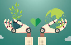 Robot hands holding up a green globe and a plant pot
