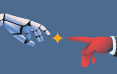 A robot hand reaches out to a human hand in a pin-stripe suit, their index fingers almost touching