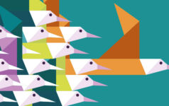 Illustration of a flock of birds, with one flying out in front of the rest