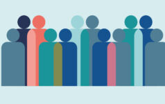 Simplified geometric illustration depicting many people stood beside each other