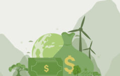 Money and windmills in the foreground, the Earth, trees, and mountains in the background