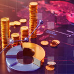 The rise and rise of take-privates Piles of coins in a line stand besidge a doughnut chart upon a map of the world, for the Private Markets 2030 Public Markets theme