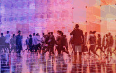 Market sentiment towards retail opportunities heats up A crowd of people in a futuristic place, with one person in the foreground on the phone, for the Democratisation & Transparency theme in Private Markets 2030